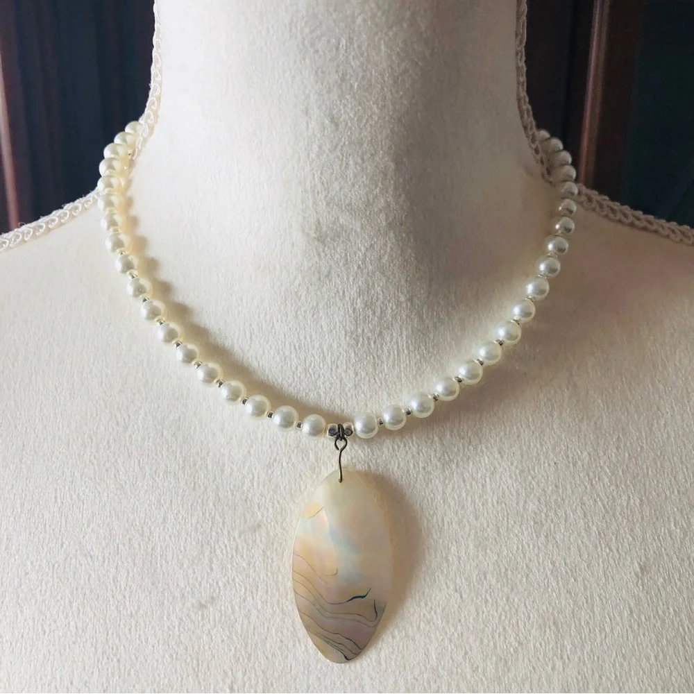 Handcrafted repurpose genuine elegant shell pendant Czech glass Pearl necklace
